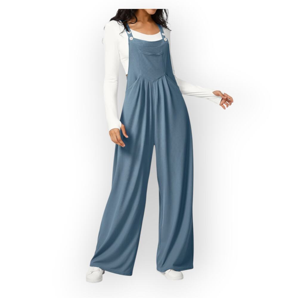 Halara Waffle Wide Leg Overalls Blue Pocket Jumpsuit L Casual Minimalist Lounge - Picture 4 of 11
